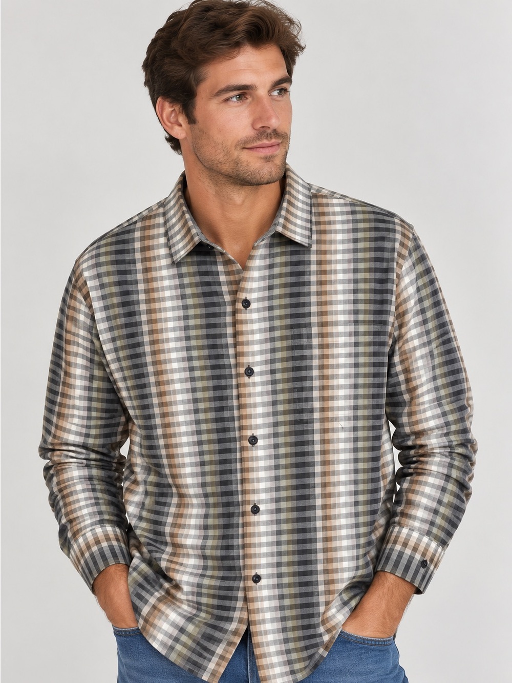 Tommy Bahama Plaid Button-Down Shirt in Gray, Brown, Cream